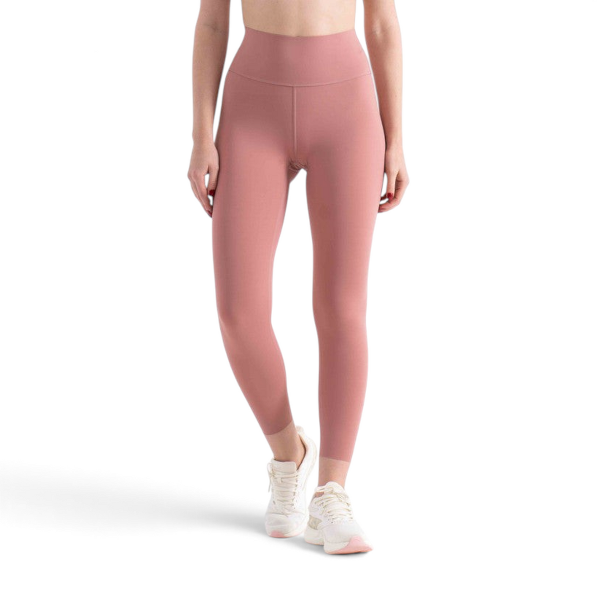 FRG tight ankle pants in dusty rose nylon spandex blend, featuring a slim fit and high-waisted design on a model.