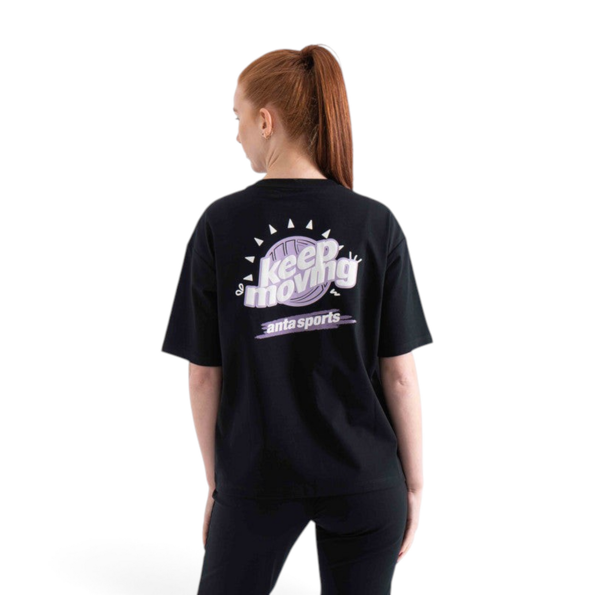 FRG SS TEE black short-sleeve t-shirt with a purple and white keep moving graphic print on the back