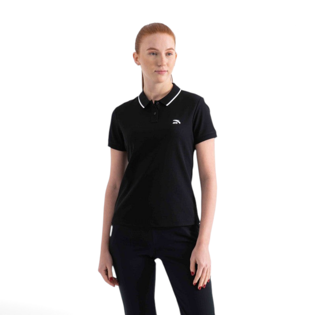 FRG SS POLO black short-sleeve shirt with white collar trim and logo detail worn by a woman