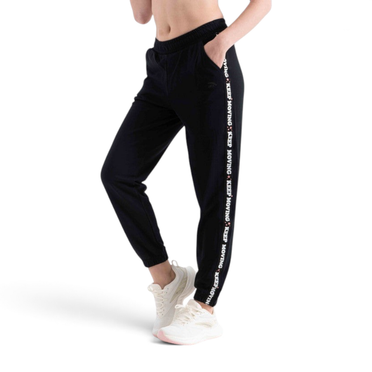 FRG black knit track pants with white side stripe featuring Keep Moving text and elasticated cuffs on a model