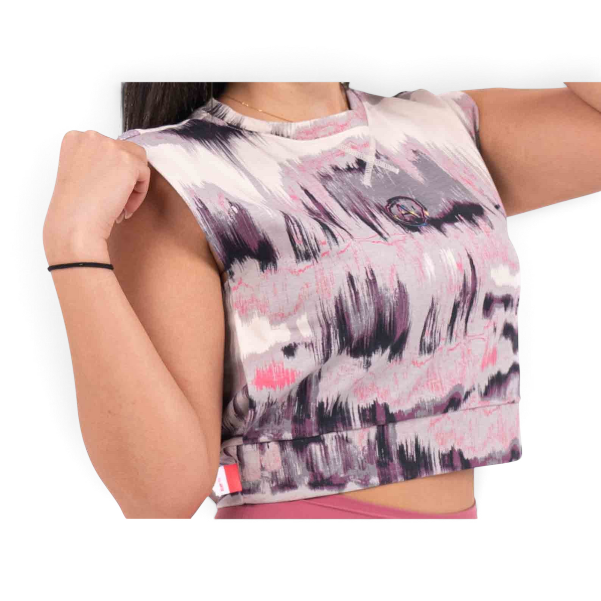 FRG SS TEE featuring a sleeveless cropped design with a pink and grey abstract brushstroke print