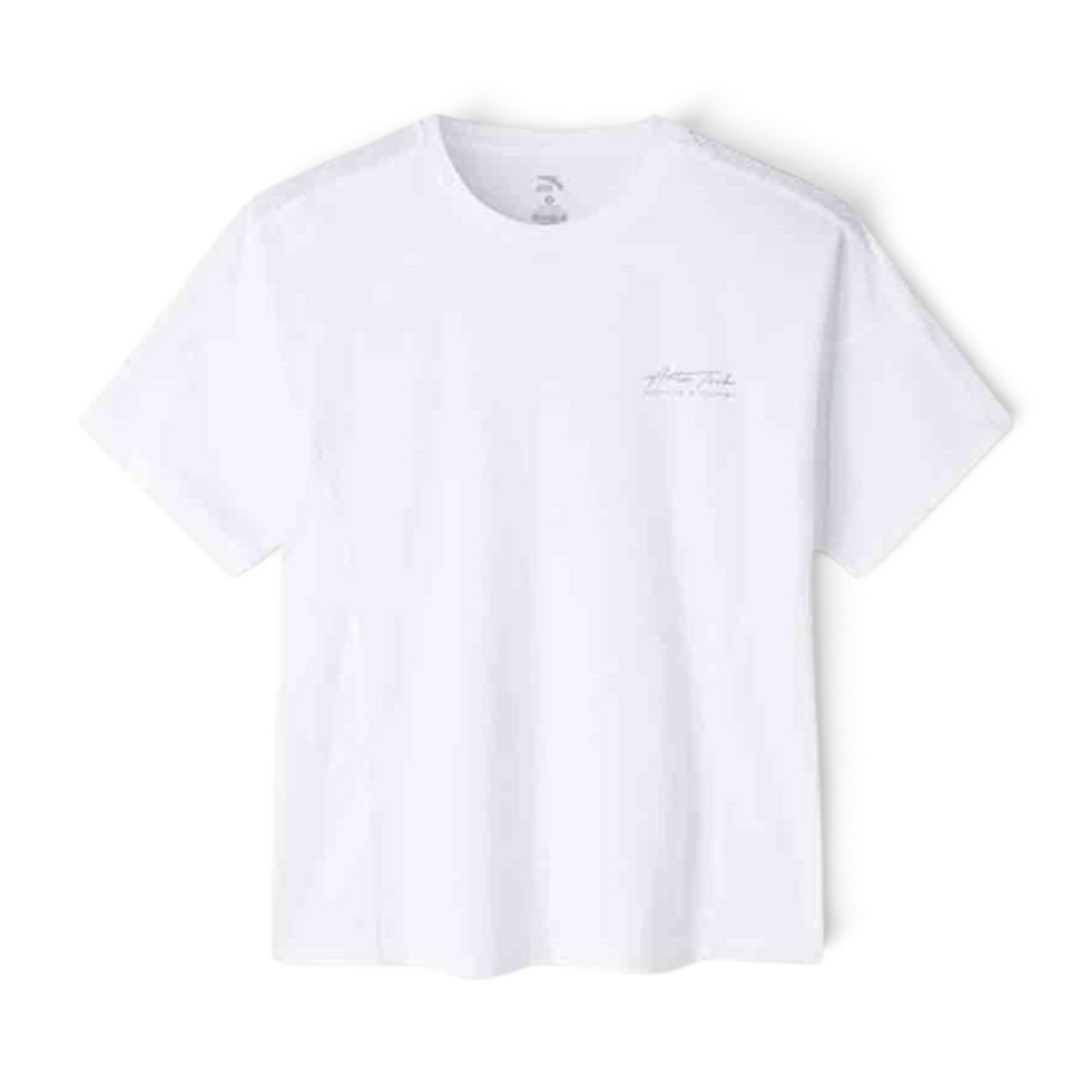 FRG white short sleeve crew neck t-shirt with small script logo on the chest