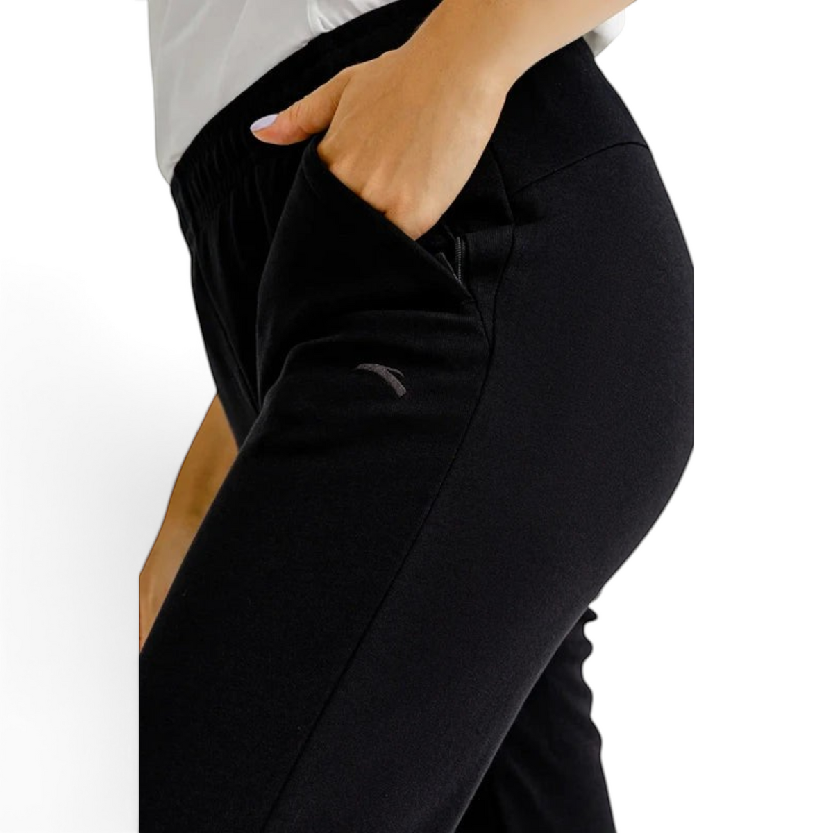 FRG ANTA A-Sports Shape black knit ankle pants with side zip pocket and subtle logo detail