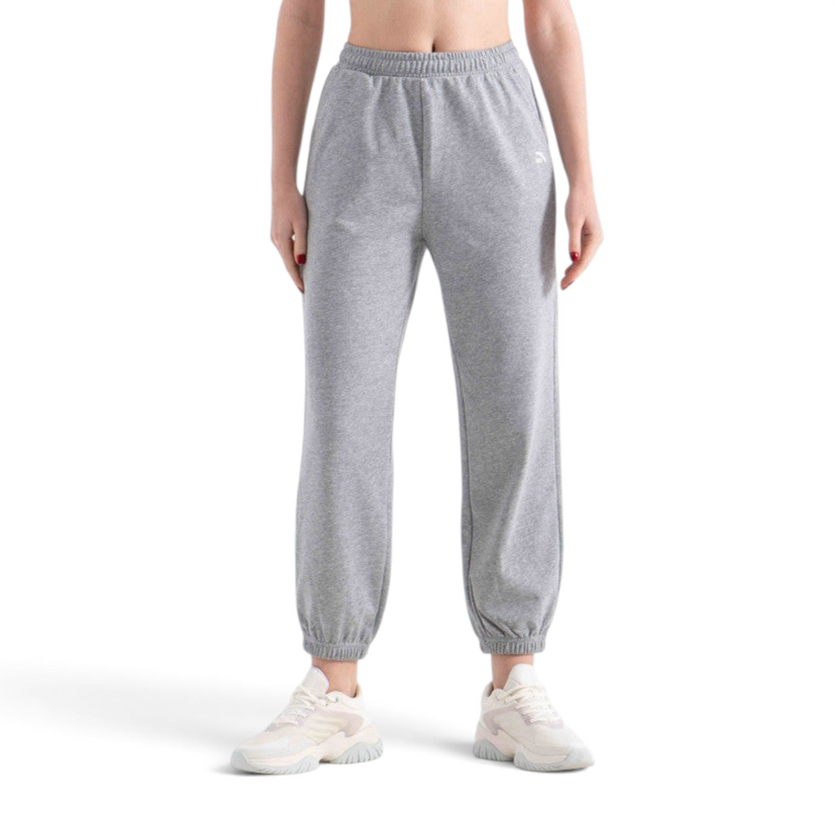 FRG women's grey knit track pants with an elastic waistband and cuffed ankles, styled for a casual lifestyle look.