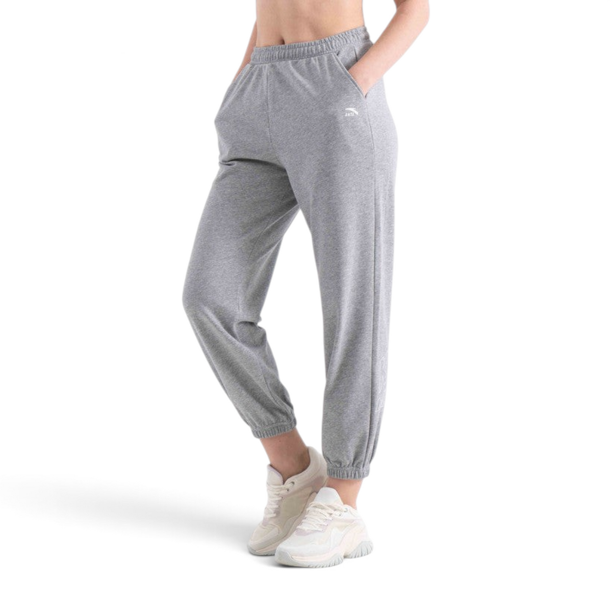 FRG women's grey knit track pants with an elastic waistband, side pockets, and cuffed ankles for a lifestyle look.