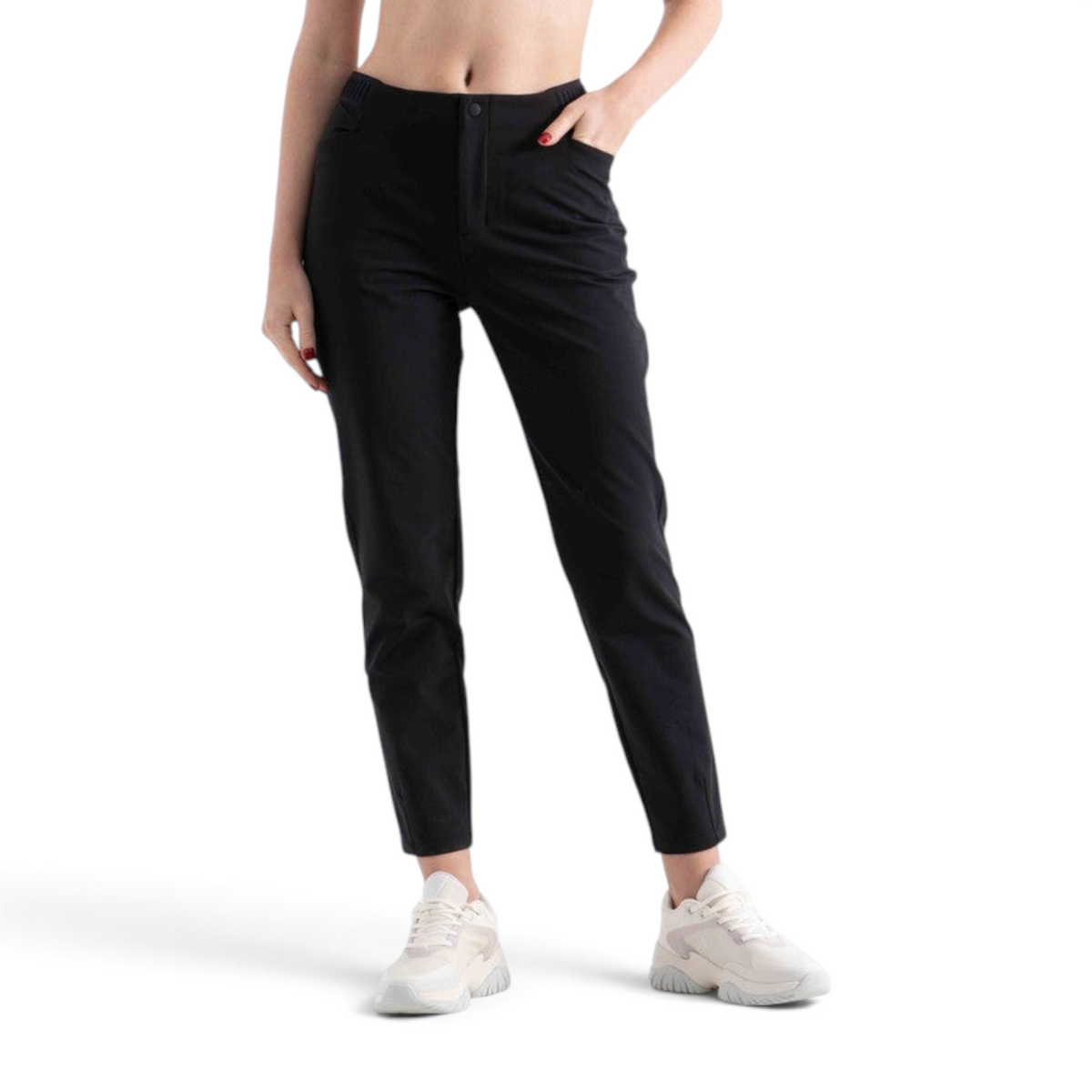 FRG women's black woven track pants for cross training, featuring a slim fit and elastic waistband.