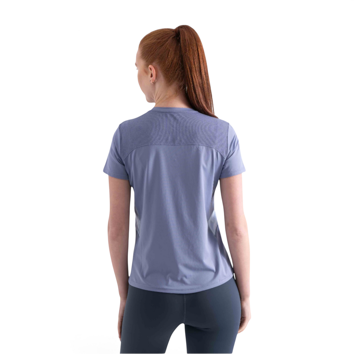 Woman wearing a FRG blue short-sleeve athletic tee with mesh back panel detail, viewed from the back