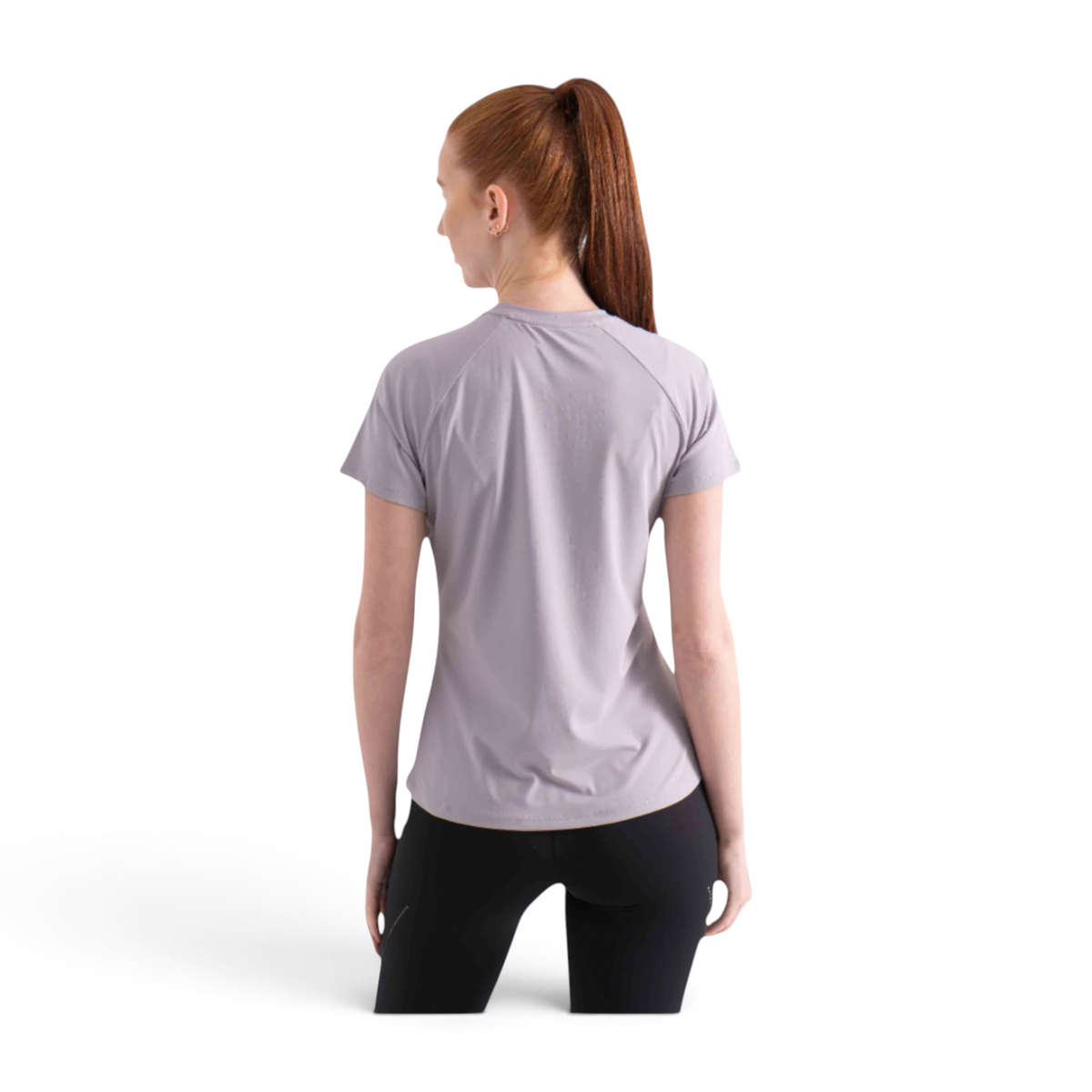 FRG women's short sleeve athletic t-shirt in light grey, back view on a model with a ponytail