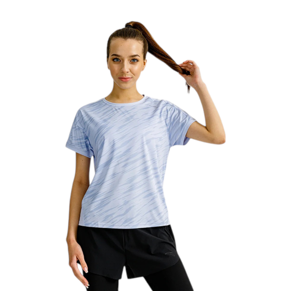FRG ANTA purple recycled yarn running t-shirt with abstract pattern worn by a woman with a ponytail