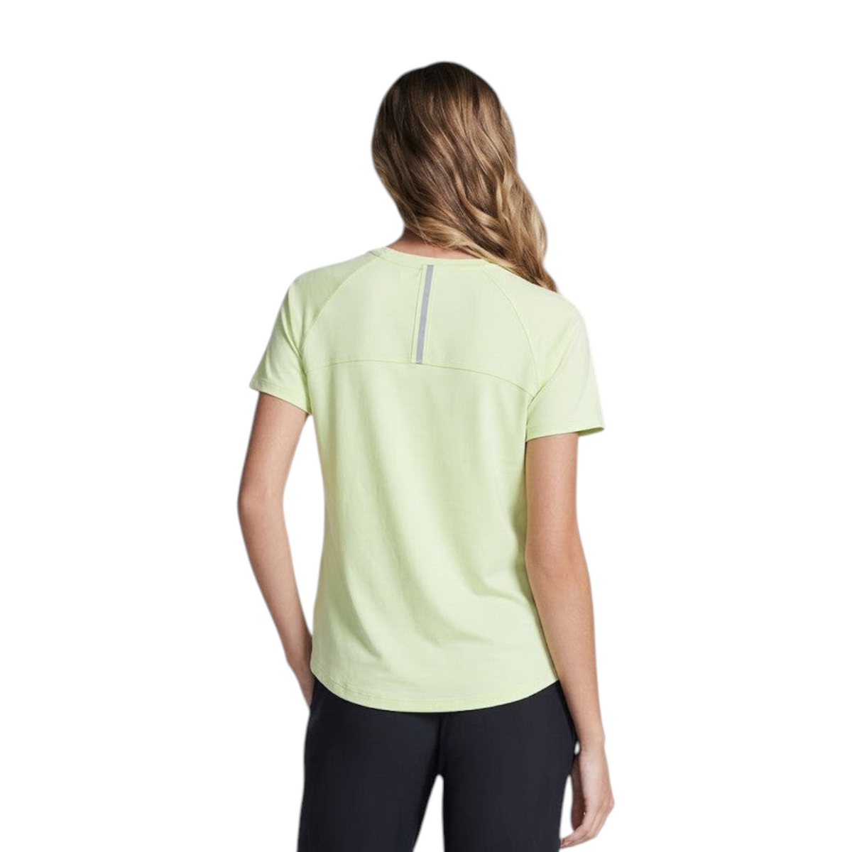 FRG ANTA A-Chill Touch green short sleeve running t-shirt with reflective back detail worn by a woman