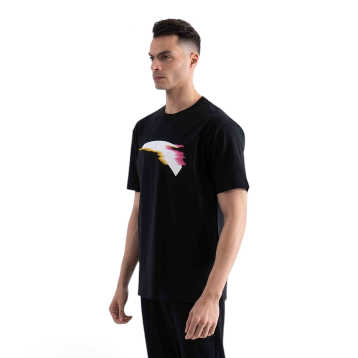 FRG black short sleeve t-shirt with a stylized white and pink graphic print worn by a male model