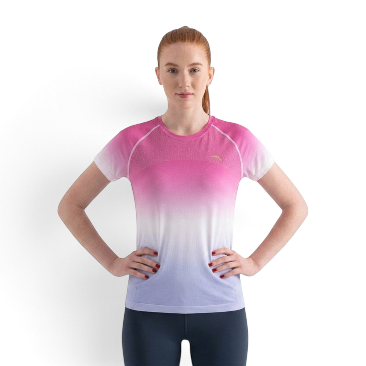 FRG ANTA women's performance t-shirt featuring a pink to periwinkle ombre gradient and textured mesh chest panel