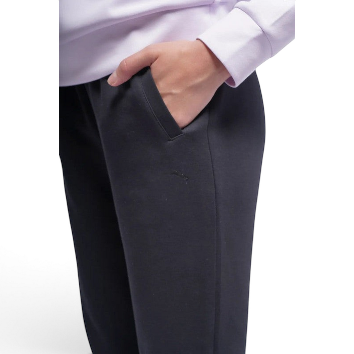 FRG ANTA A-Sports black knit track pants with side pocket detail, made from a soft polyester and cotton blend.