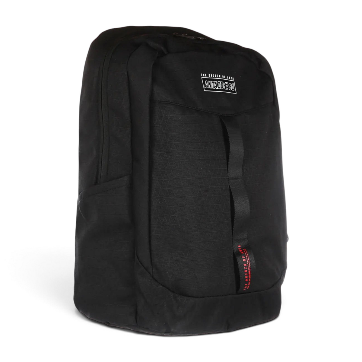 FRG black backpack with a textured fabric finish, featuring a branded ANTAID #91 patch and red accent detailing.