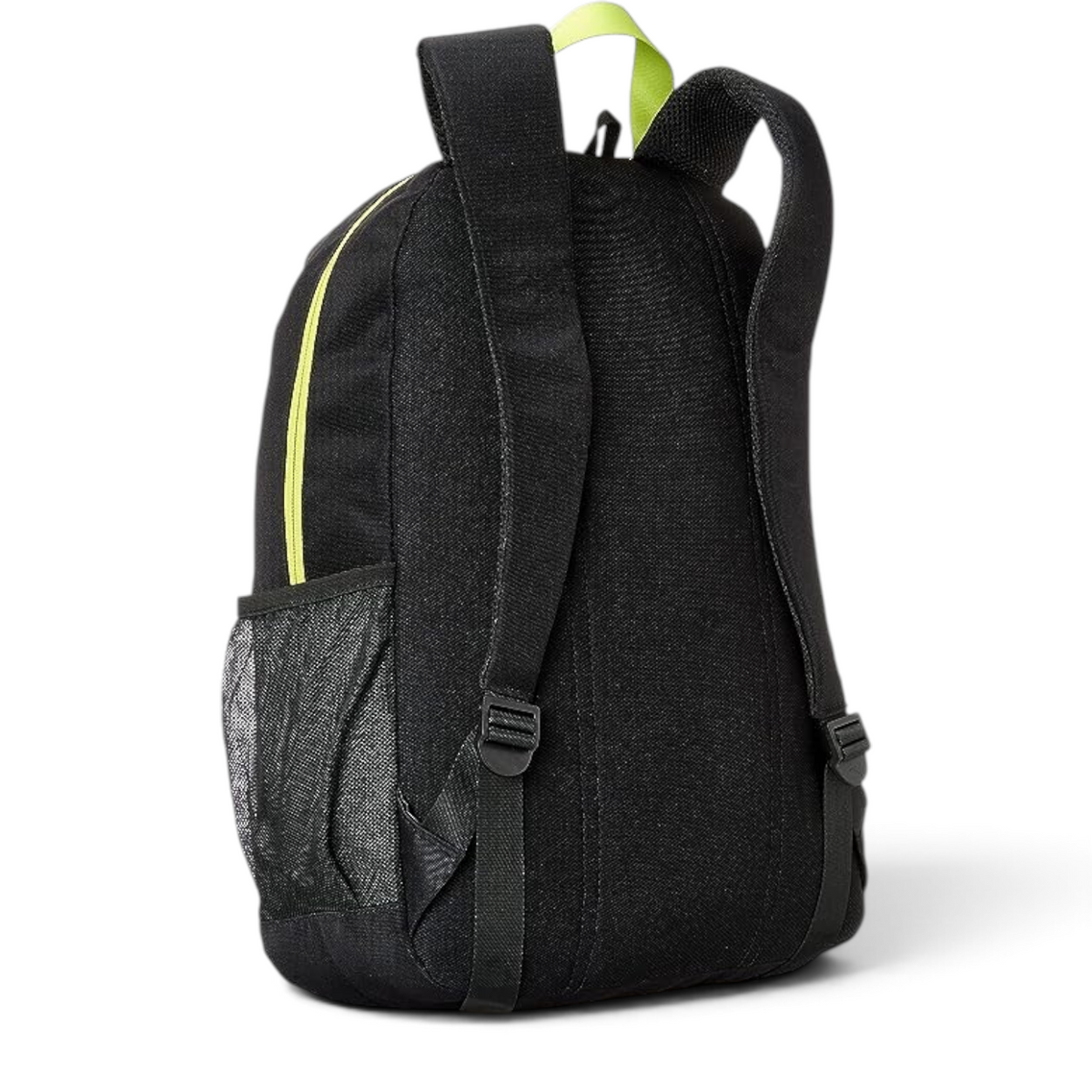 FRG black backpack with neon yellow accents, adjustable padded shoulder straps, and side mesh pocket