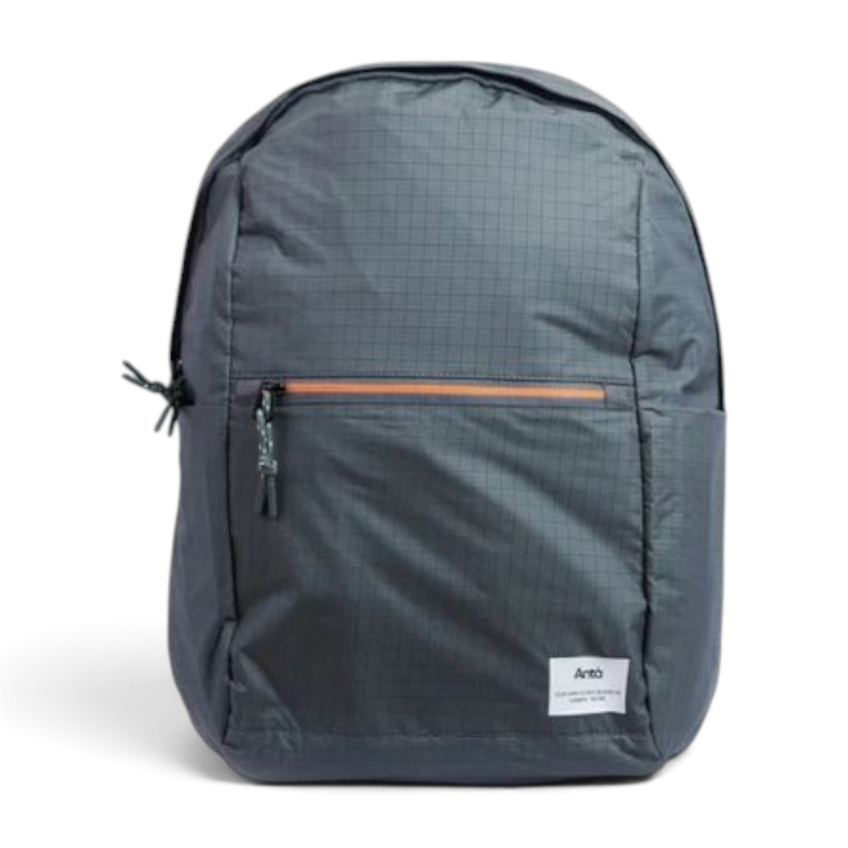 FRG LIFESTYLE grey grid-pattern backpack with a front zippered pocket and orange accent trim