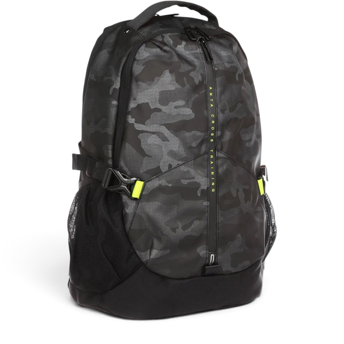 FRG backpack in black camouflage print with neon yellow accents and side mesh pockets for training gear