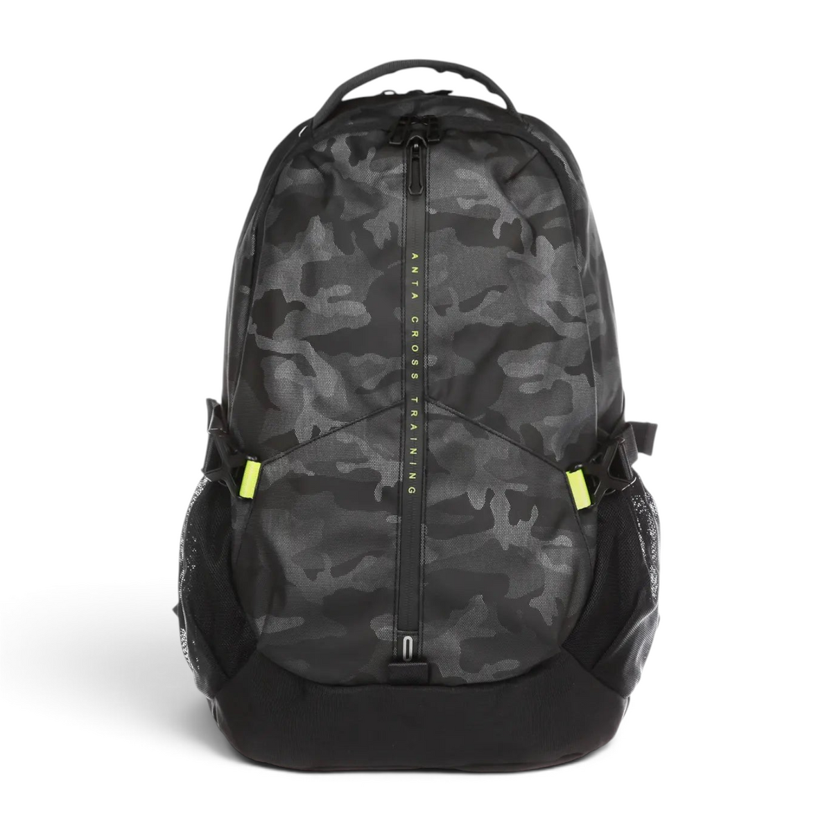 FRG black camouflage print backpack with vertical zip closure and neon yellow accents for cross training