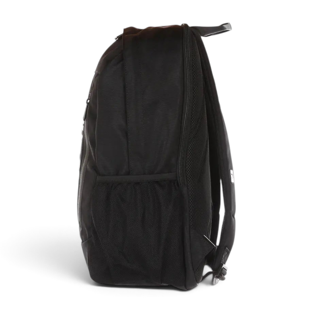 FRG black backpack with side mesh pocket and padded straps, side view