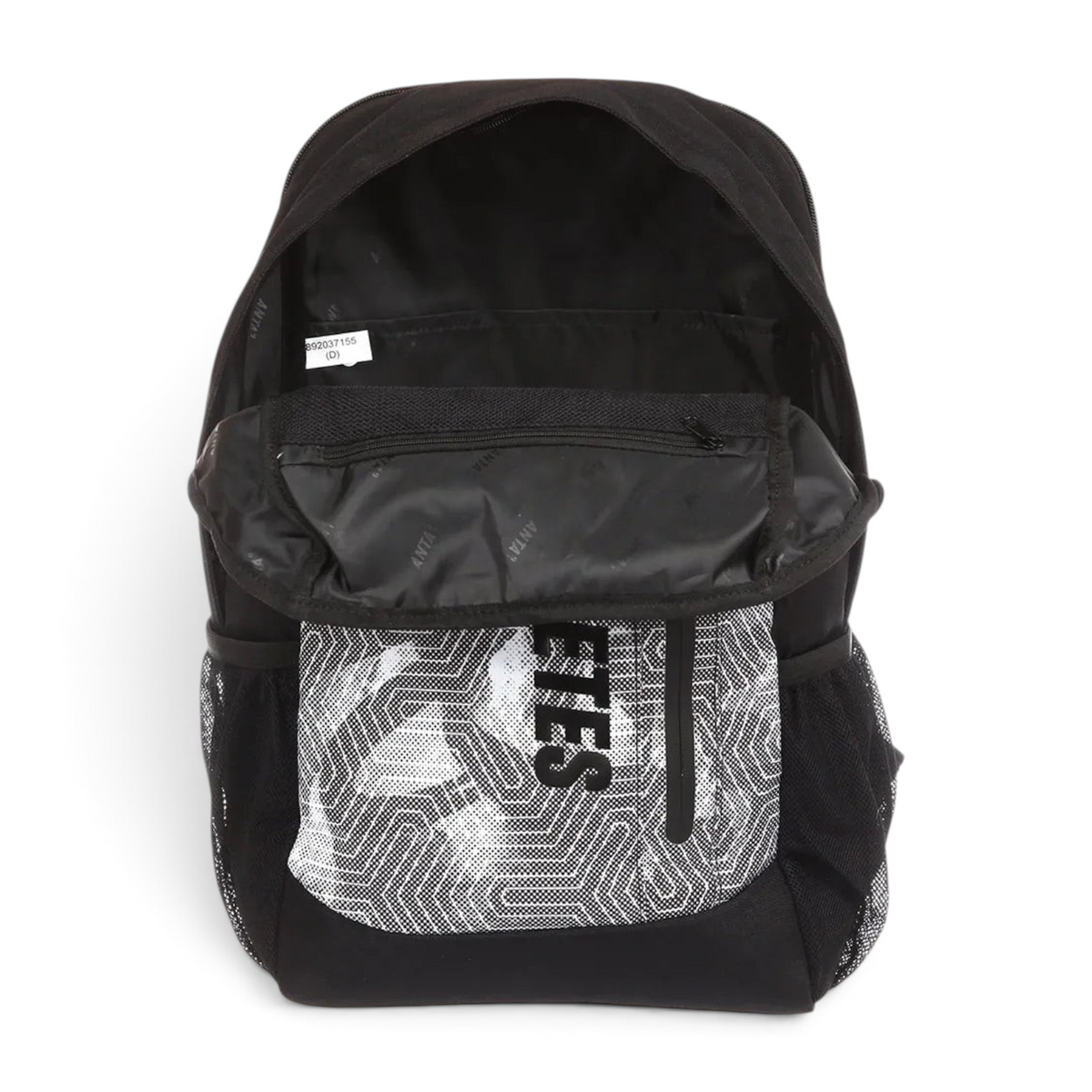 FRG black backpack with a patterned front pocket, mesh side pockets, and an open main compartment.