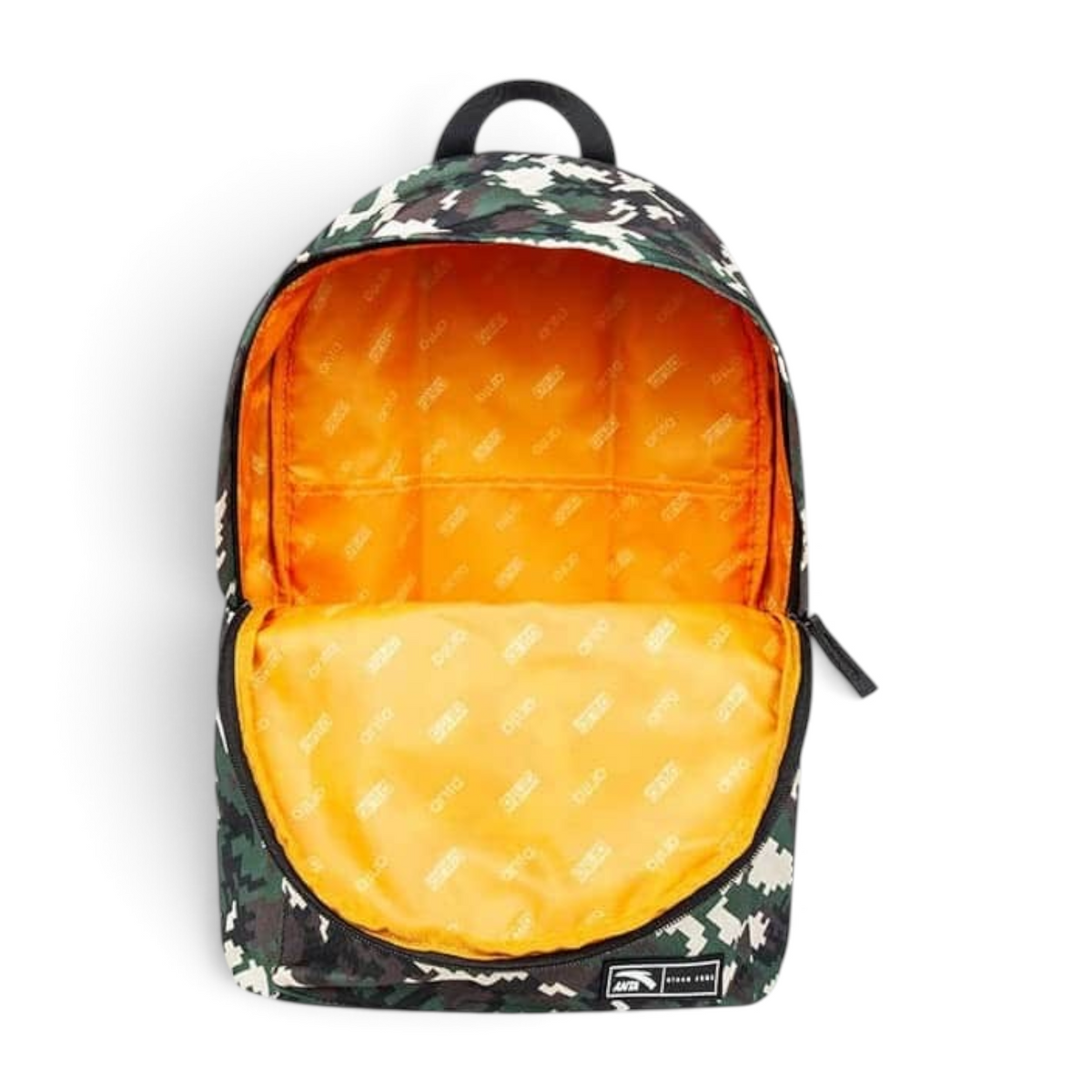 FRG backpack featuring a green camouflage print exterior and a vibrant orange interior lining with logo pattern
