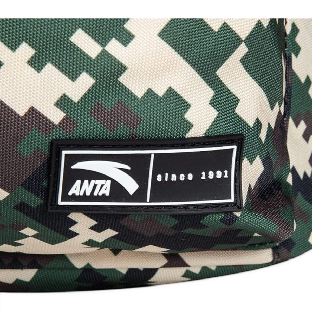 FRG backpack featuring a green and beige digital camouflage pattern with an ANTA logo patch