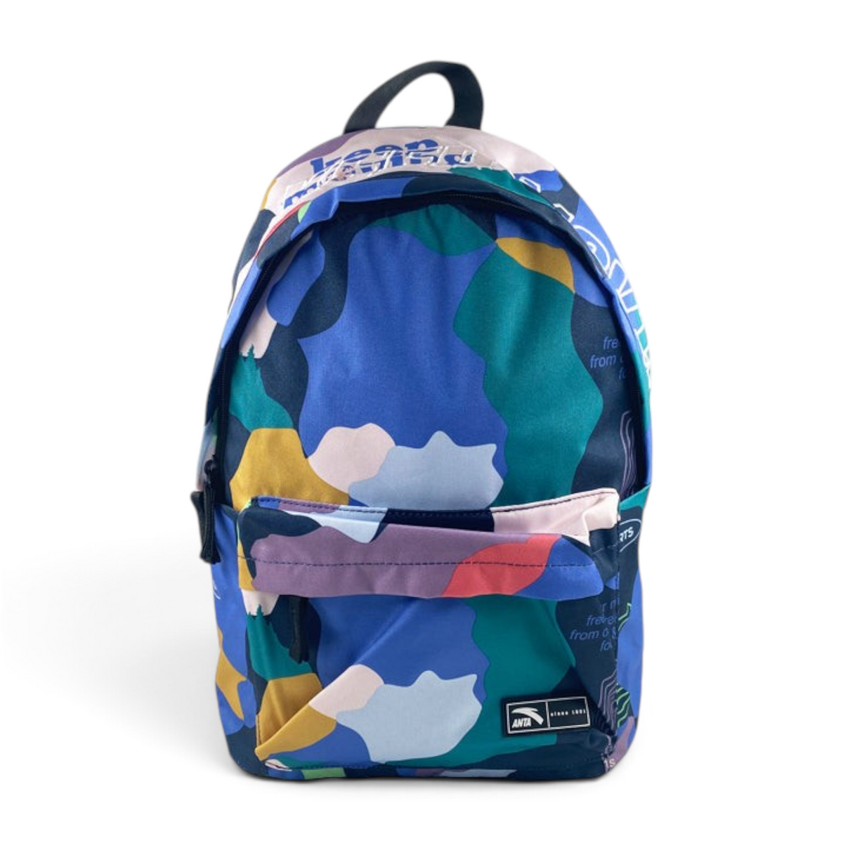 FRG backpack featuring a vibrant blue, green, and yellow abstract camouflage pattern with white text accents