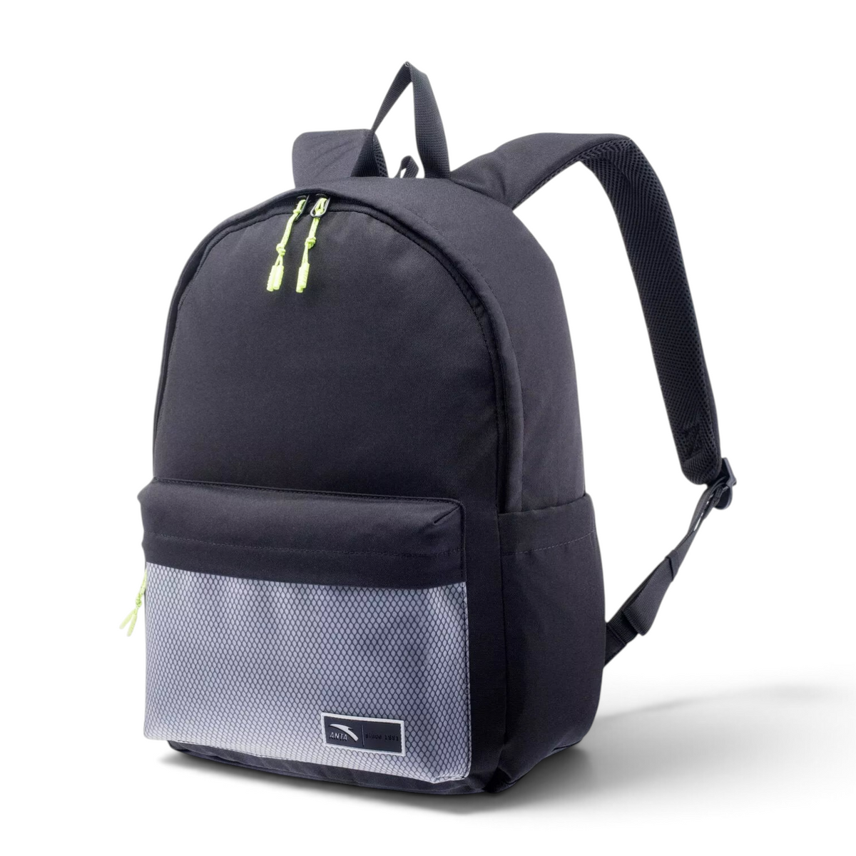 FRG black backpack with a grey textured front pocket and neon green zipper pulls
