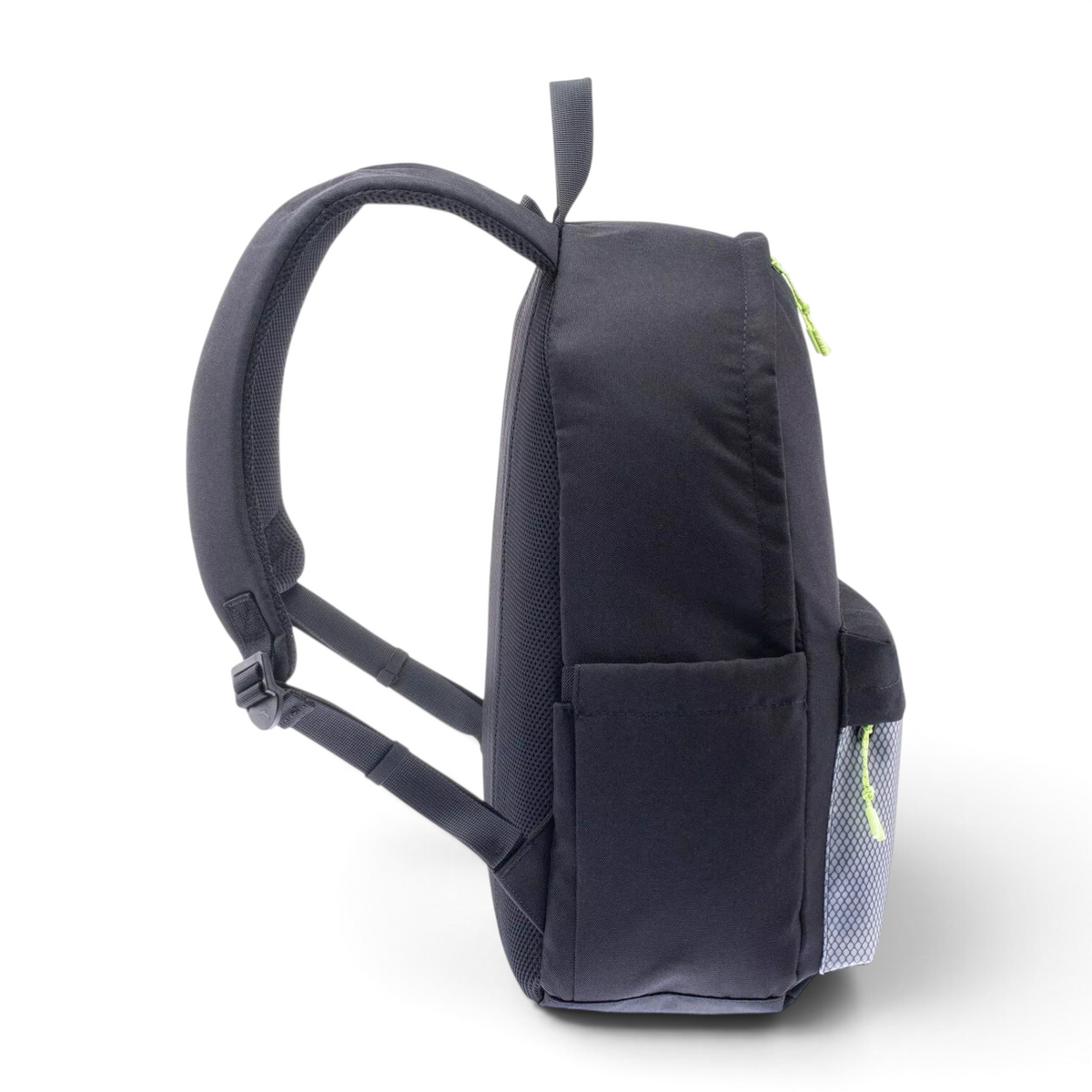 FRG black backpack with side view, featuring a grey mesh front pocket and bright lime green zipper pulls.