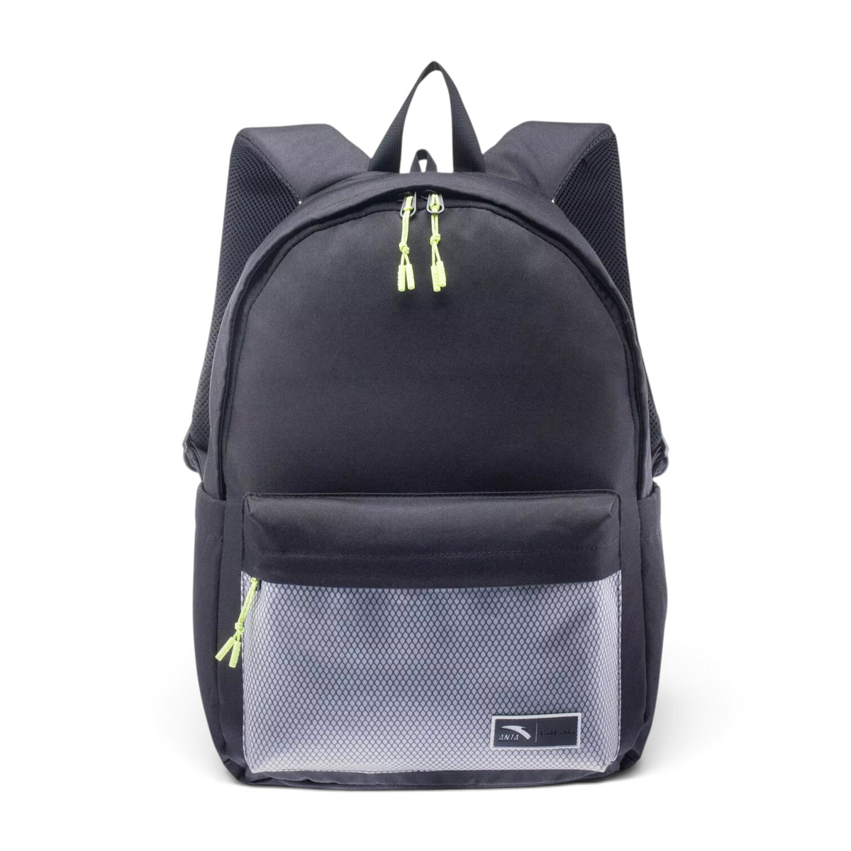 FRG black backpack with a front mesh pocket and neon yellow zipper pulls