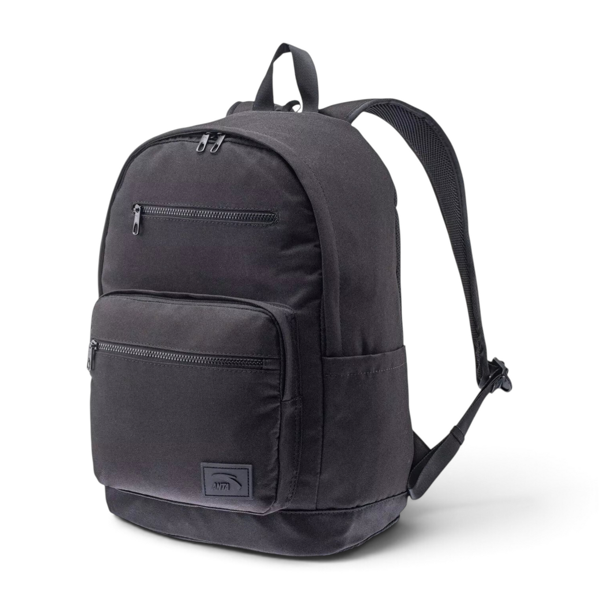 FRG black minimalist backpack with two front zippered pockets and adjustable padded shoulder straps