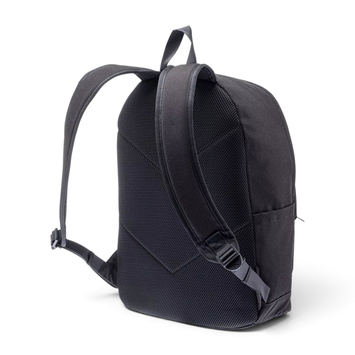 FRG black backpack with padded mesh back panel and adjustable shoulder straps, shown from a rear angle.