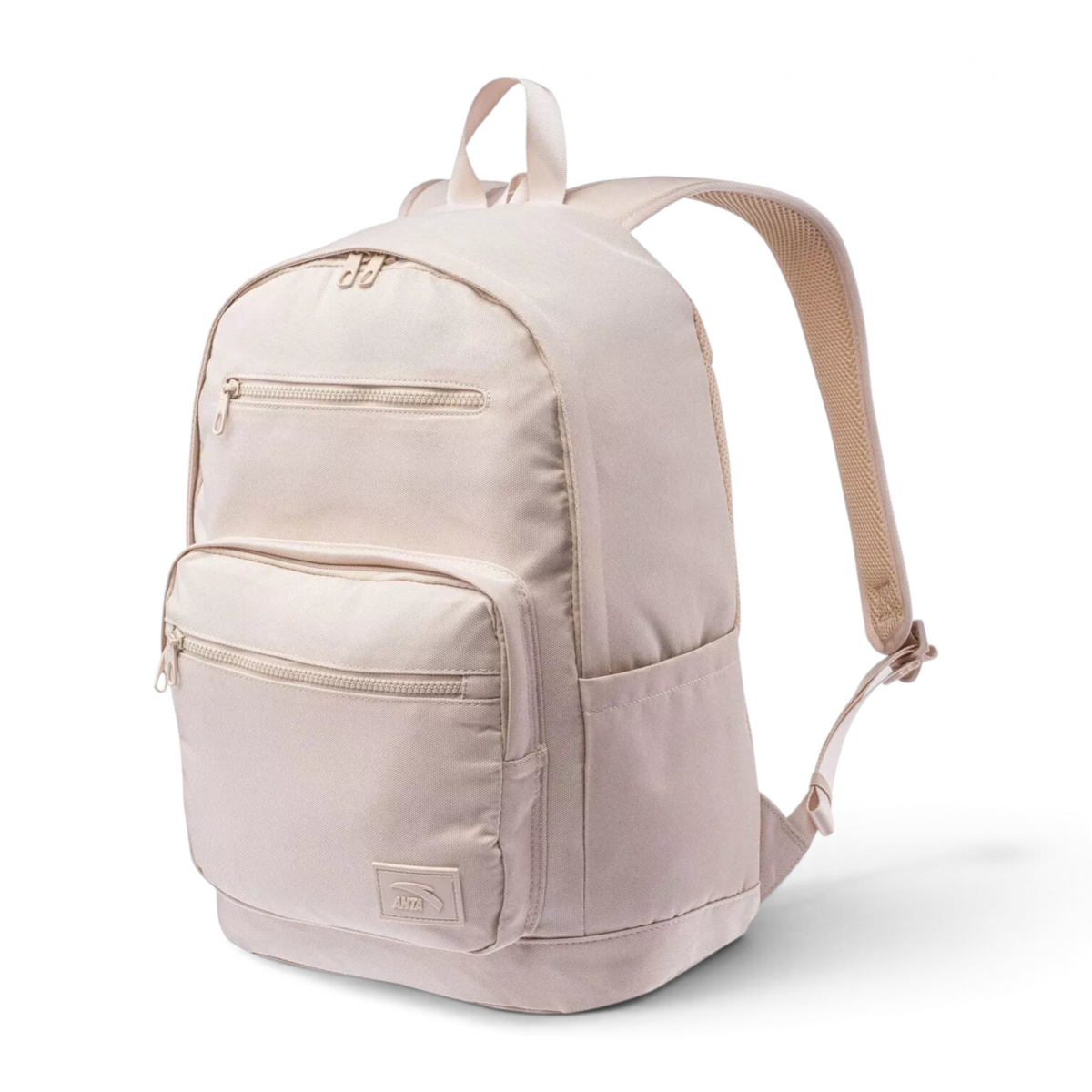 FRG beige minimalist backpack with front zippered pockets and adjustable padded shoulder straps