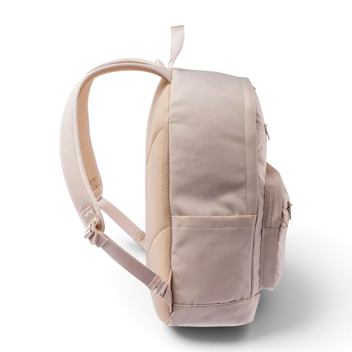 FRG beige backpack with padded shoulder straps and side pocket, side view
