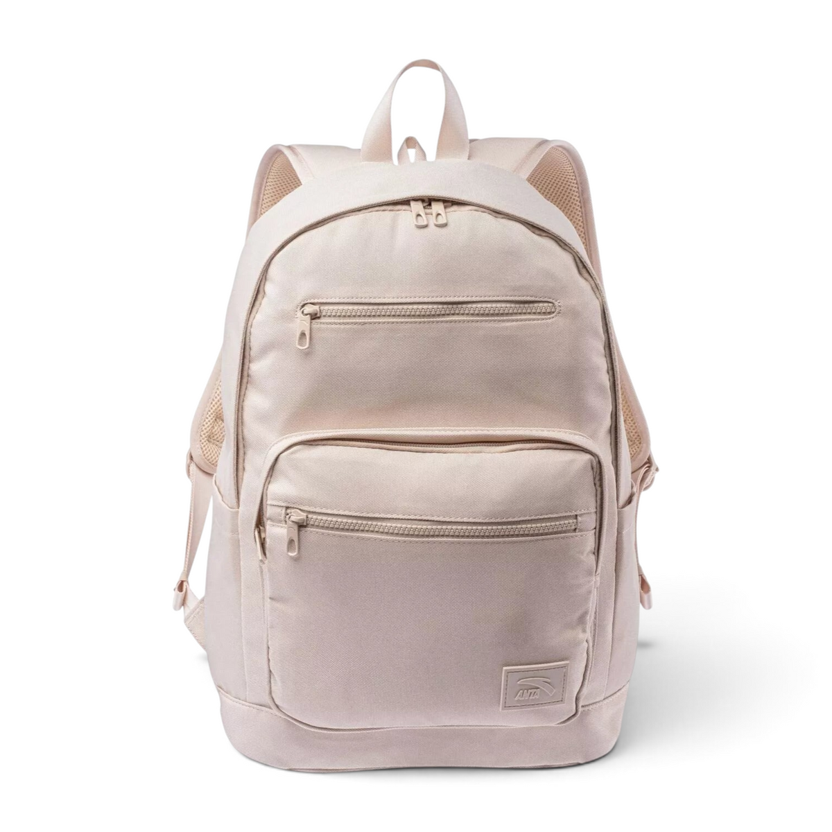 FRG beige minimalist backpack with two front zippered pockets and padded shoulder straps