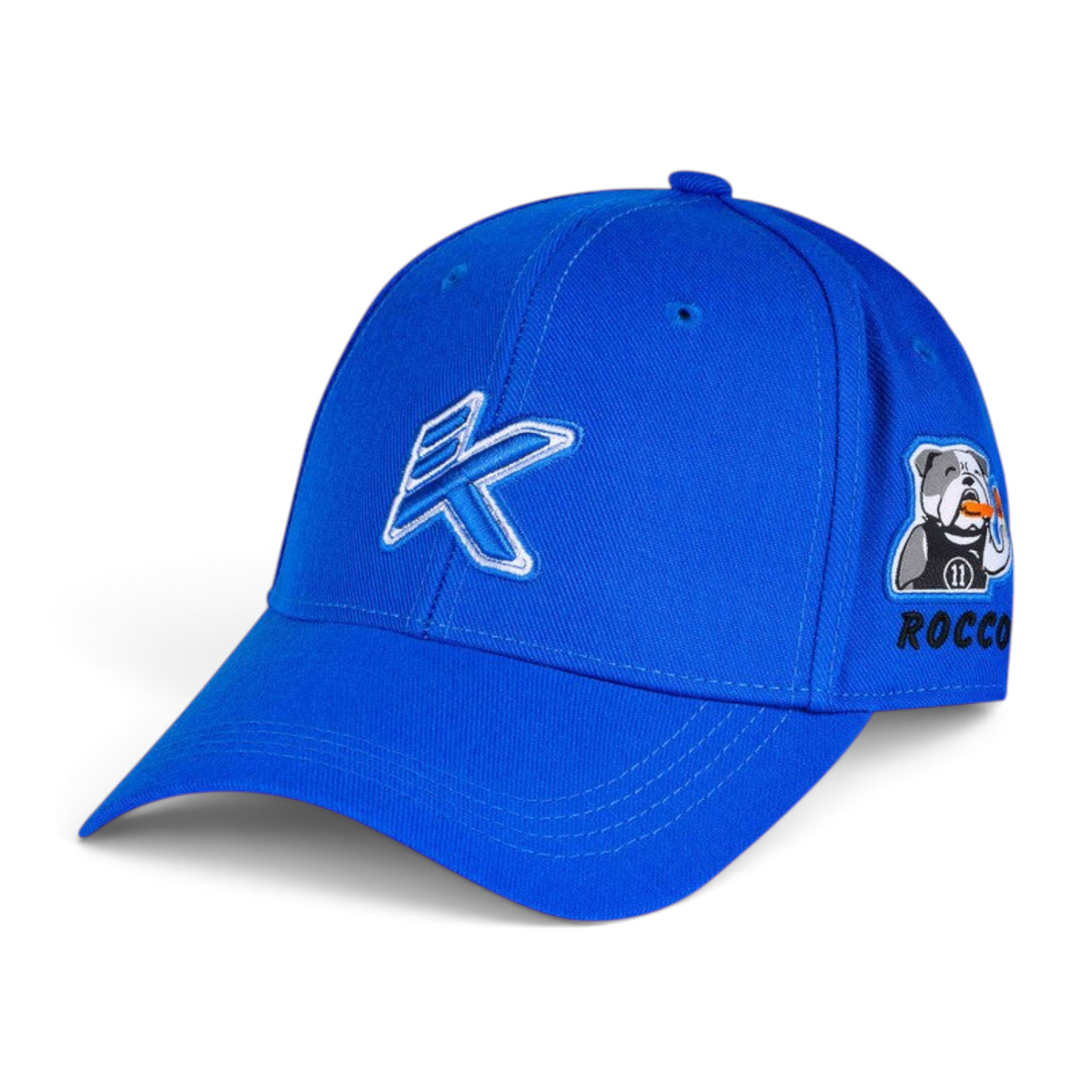 FRG SUNBONNET royal blue baseball cap with white K logo embroidery and Rocco bulldog patch on the side