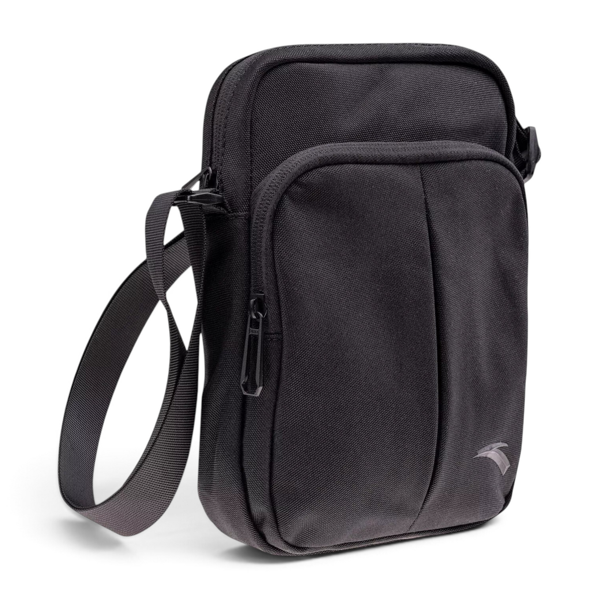 FRG black polyester satchel bag with a zippered front pocket and adjustable shoulder strap