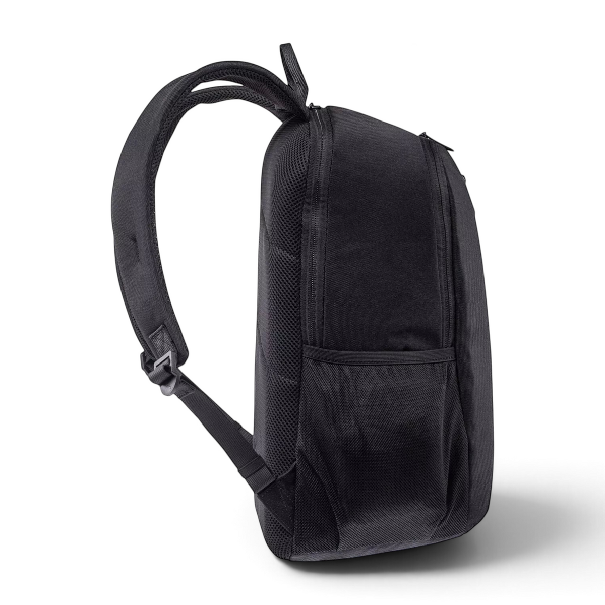 FRG black backpack with padded mesh back panel and side pocket, shown from a side angle