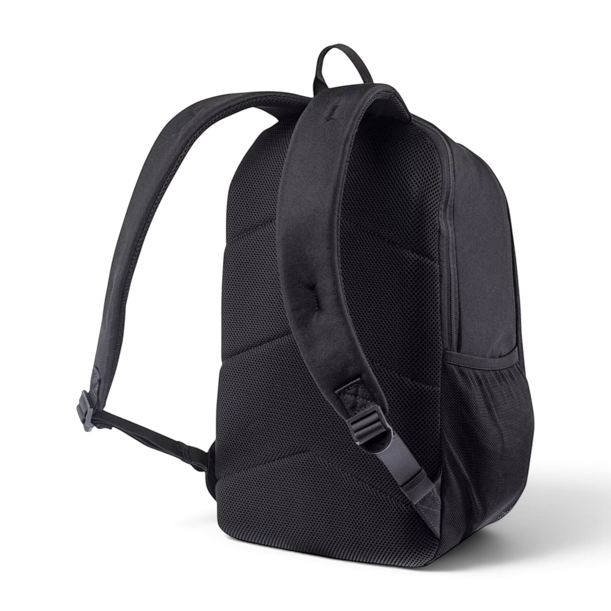 FRG black backpack with padded mesh back panel and adjustable shoulder straps, shown from a rear three-quarter view.