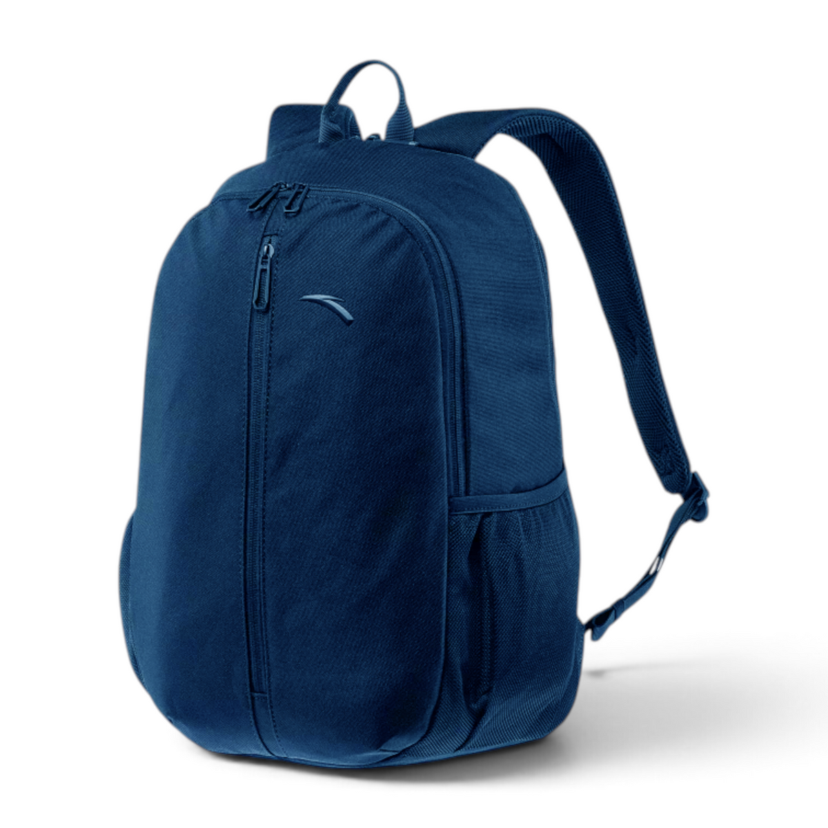FRG navy blue backpack with a vertical front zipper pocket, padded shoulder straps, and side mesh water bottle holder