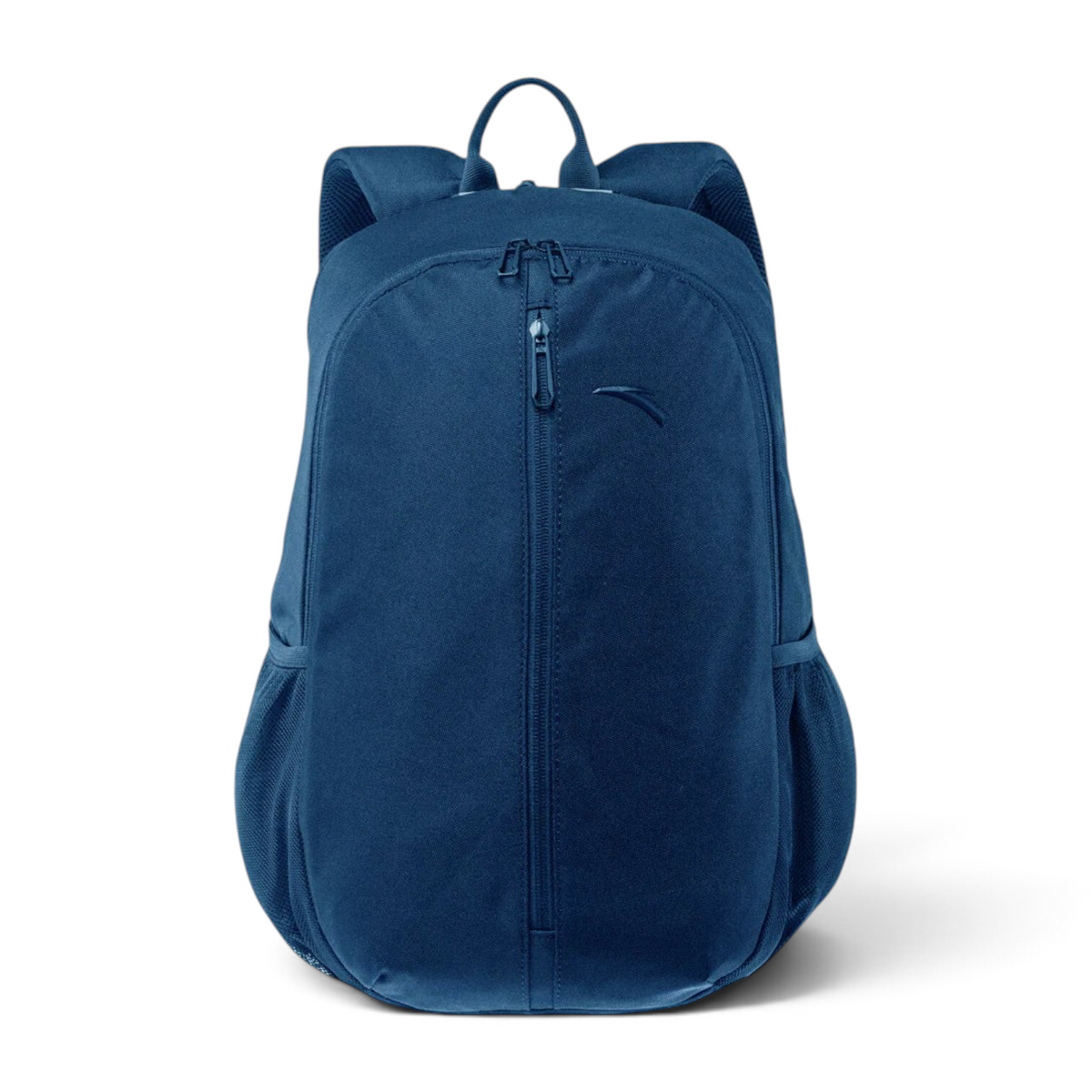 FRG navy blue minimalist backpack with a front vertical zipper pocket and side mesh compartments