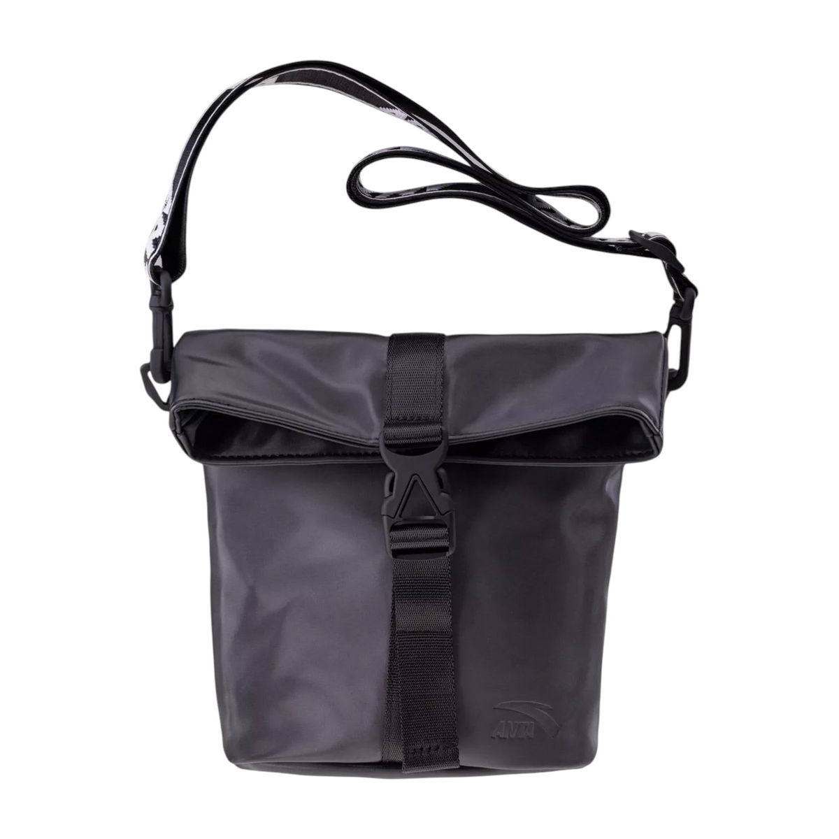 FRG black roll-top satchel with a secure buckle closure and adjustable shoulder strap