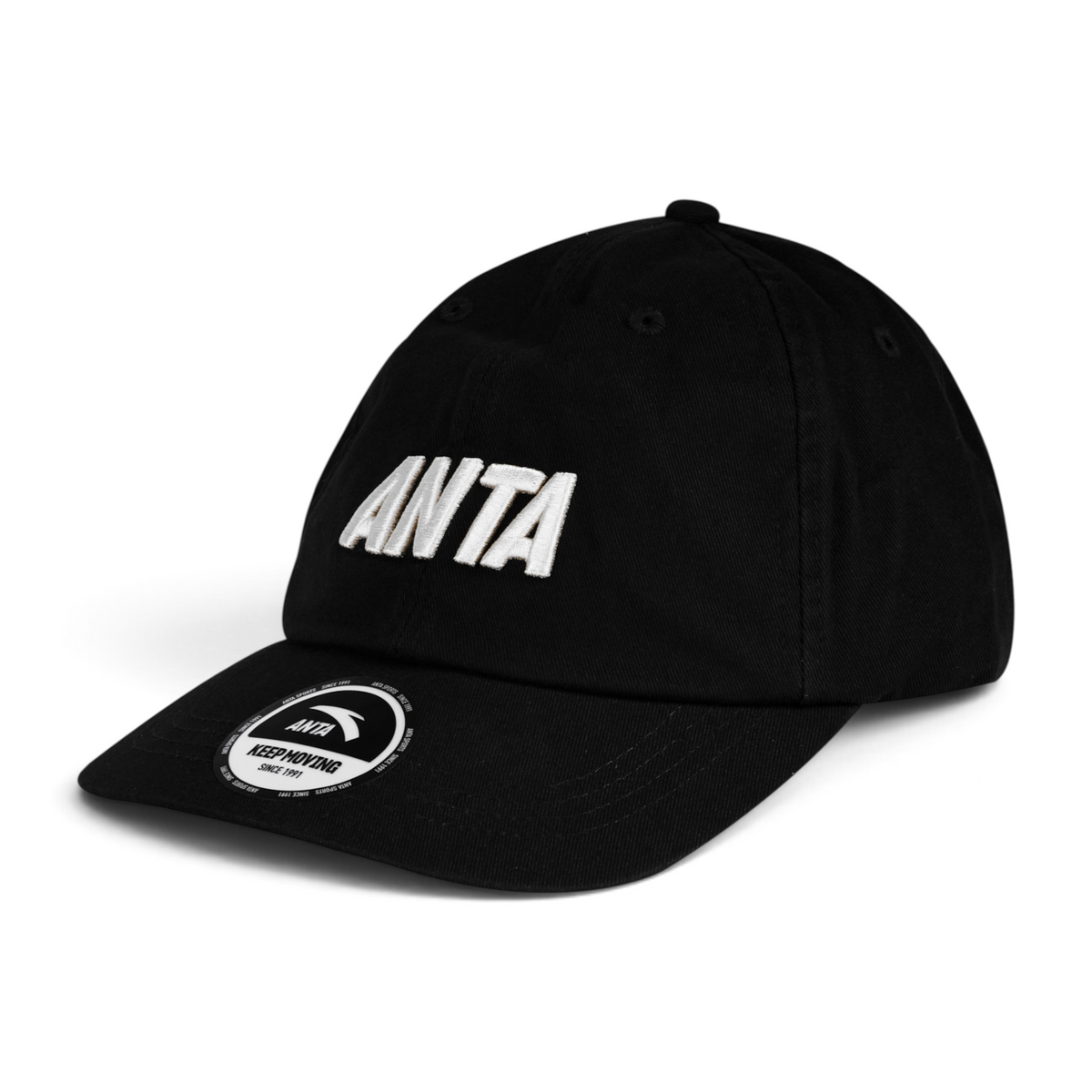 FRG black baseball hat with white embroidered ANTA logo on the front and a circular sticker on the brim