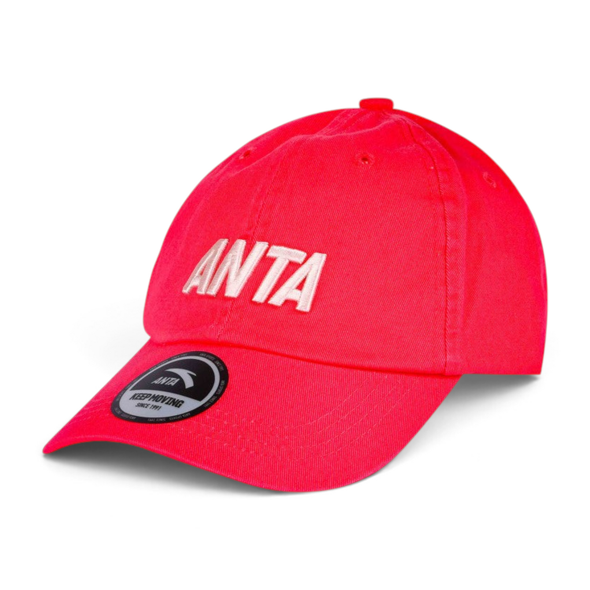FRG baseball hat in bright red with white embroidered ANTA logo on the front and a circular sticker on the brim