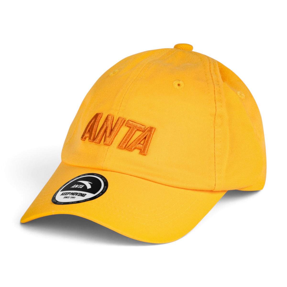 FRG yellow baseball hat with embroidered ANTA logo and circular sticker on the brim