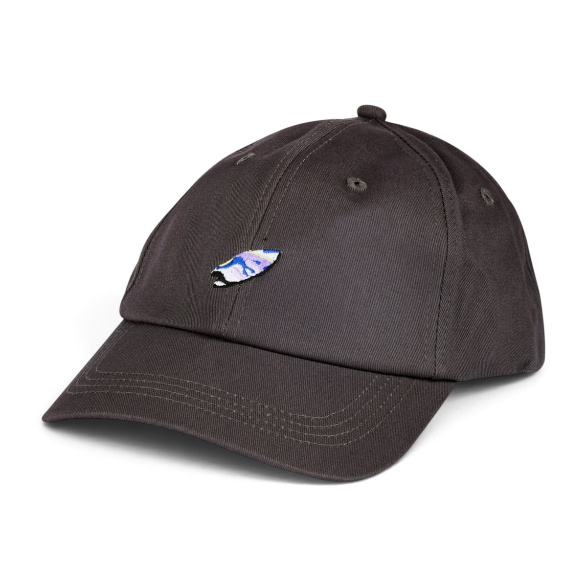 FRG SUNBONNET charcoal grey baseball cap with a small embroidered abstract surf board detail on the front panel
