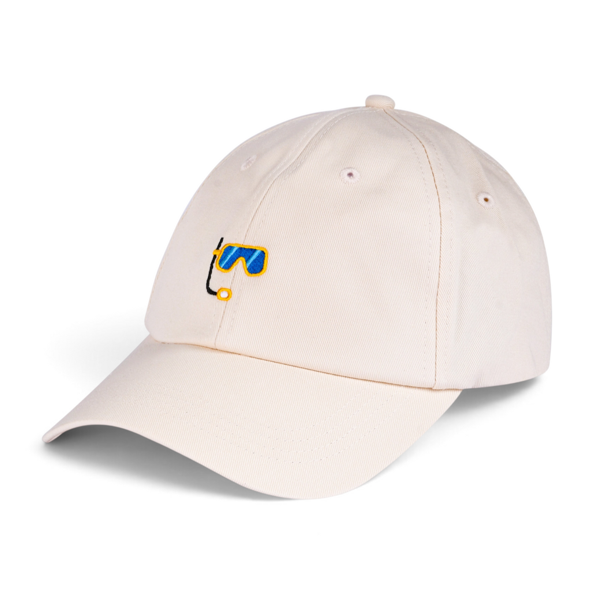 FRG SUNBONNET cream baseball cap with a small embroidered blue and yellow snorkel mask icon on the front