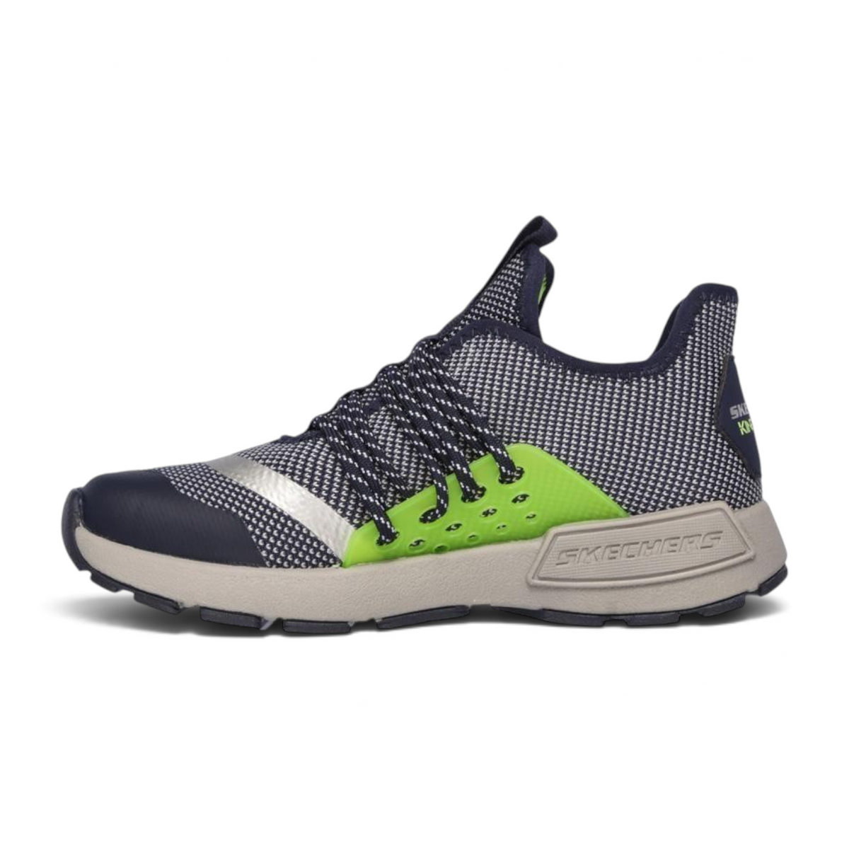FRG KINECTORS sneaker in navy blue and lime green with a mesh upper, silver accents, and a thick grey midsole.