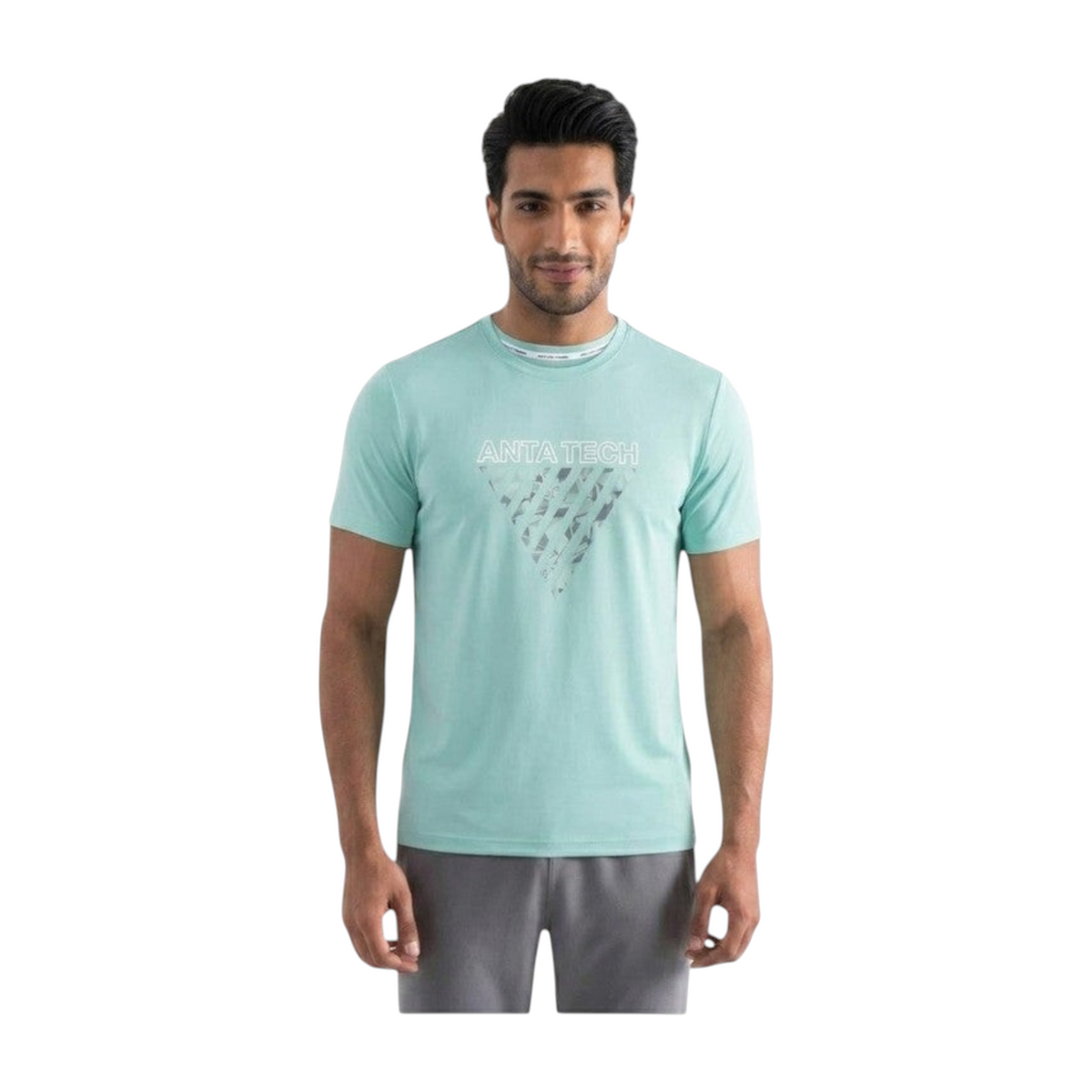 FRG ANTA light teal performance training t-shirt with a white ANTA TECH chest graphic worn by a male model