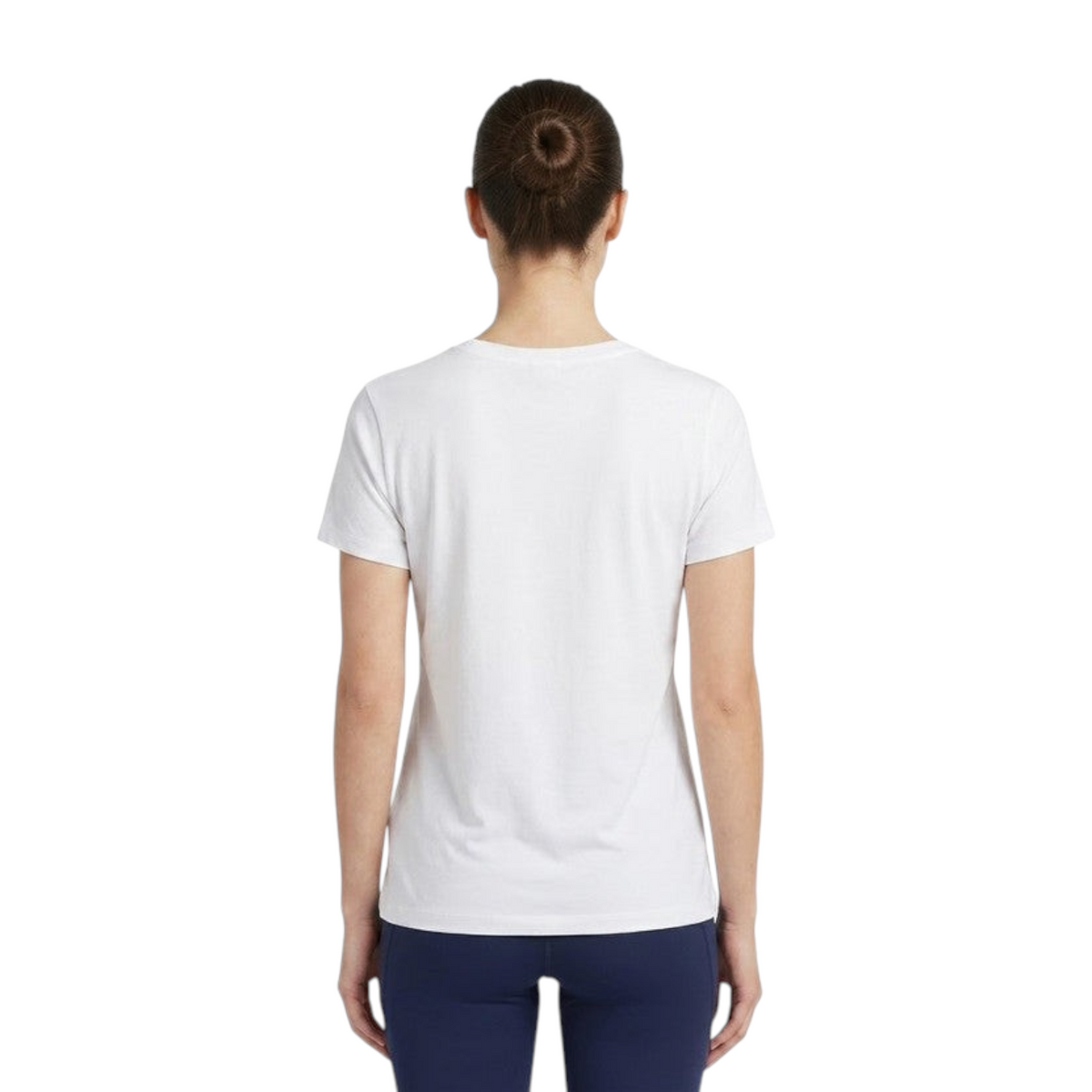 Back view of a woman wearing a FRG pure white performance running t-shirt with short sleeves